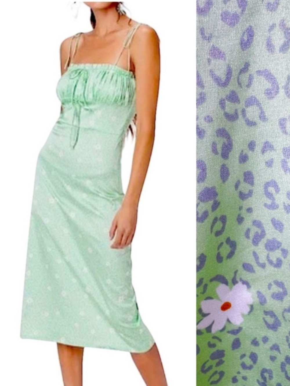 For Love & Lemons Robin Satin Cheetah Midi Dress in Mint Green Size 8/10